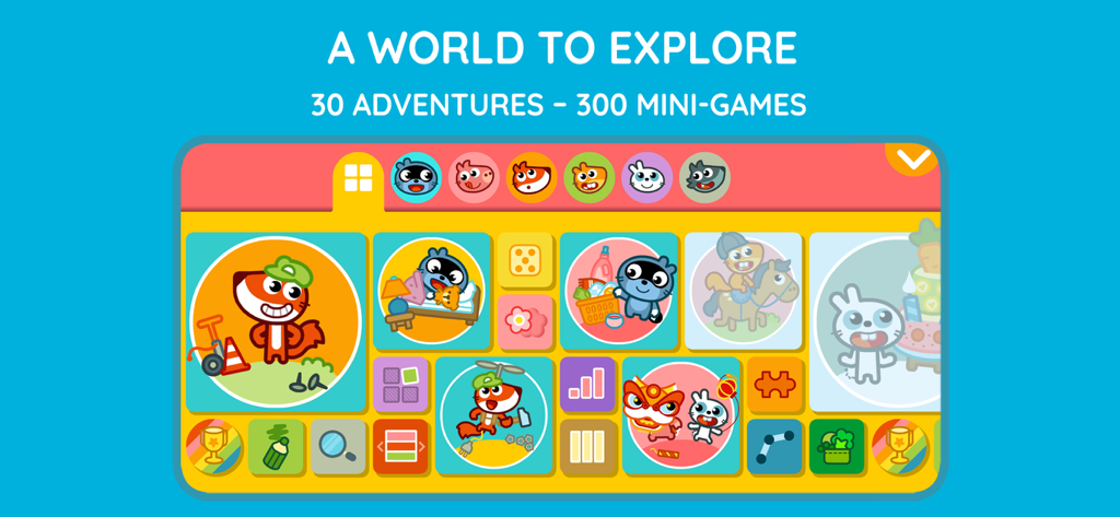 Interface of the Pango Kids app showing a wide variety of interactive educational mini-games and adventures for children.