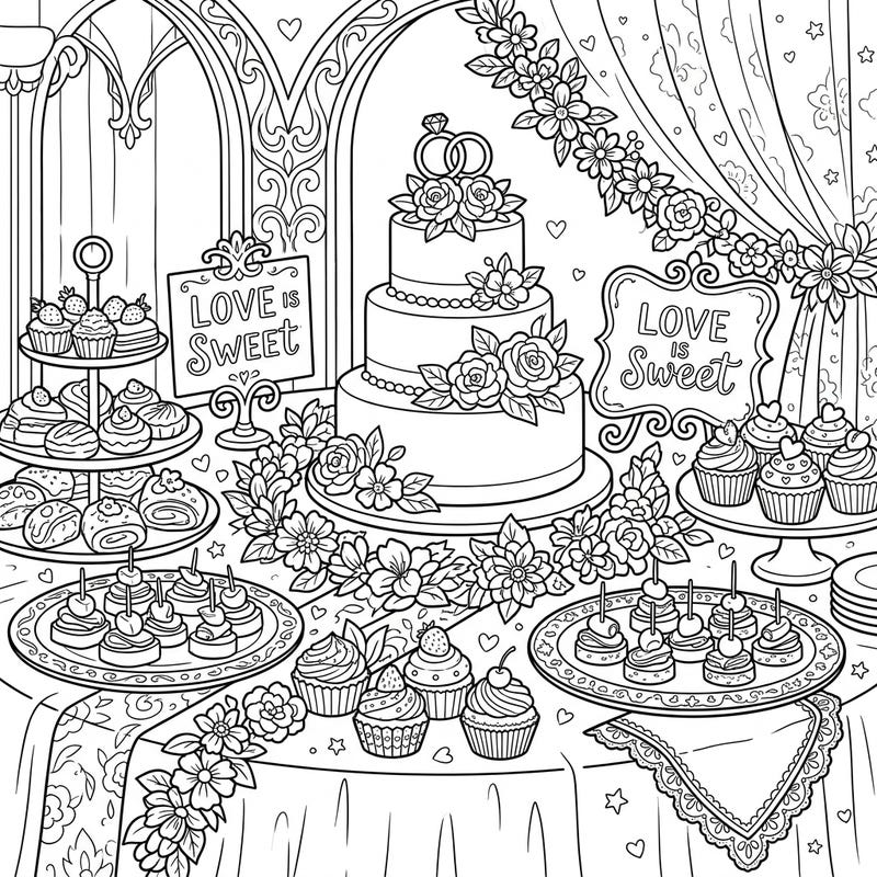 Immerse yourself in the joy of a wedding celebration with this delightful coloring page featuring an elaborate dessert table. Discover a stunning tiered cake, an array of cupcakes, and elegant pastries, all ready for your creative touch.