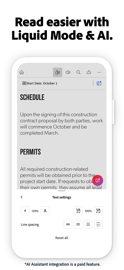 Adobe Acrobat 모바일 앱 화면이 향상된 문서 가독성을 위한 Liquid Mode 및 텍스트 설정을 보여줌