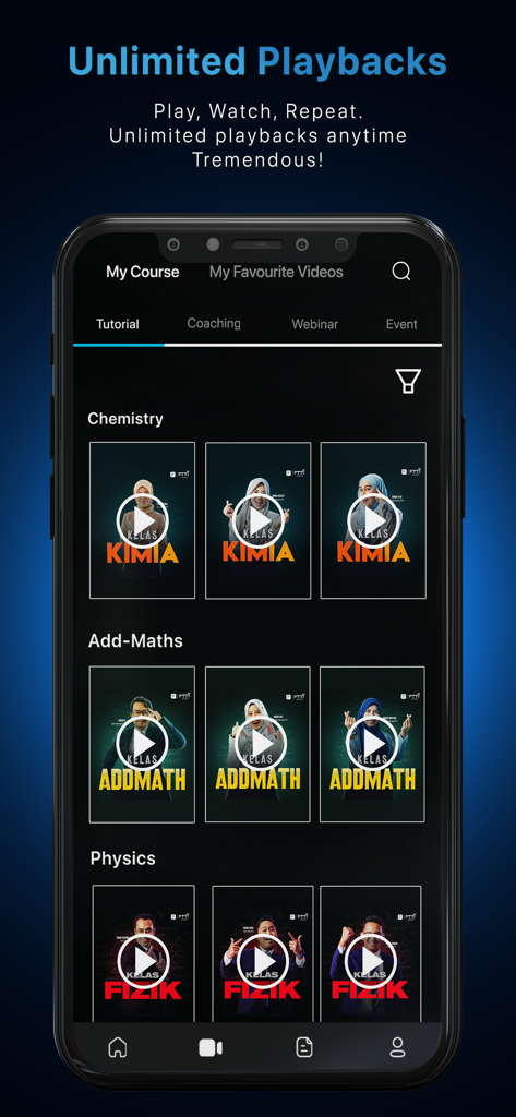 PTTI-Better Result - PTTI Bessere Ergebnisse Mobile App-Bildschirm zeigt eine Bibliothek von MINT-Video-Tutorials zur unbegrenzten Wiedergabe an