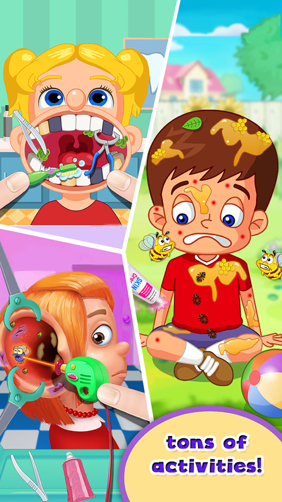 Collage de minijuegos médicos para niños que incluyen cuidado dental, de oídos y tratamiento de la piel