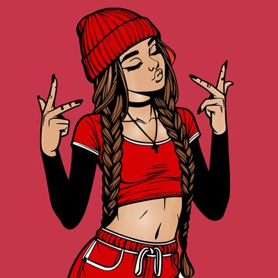 realistic teenage girl with braids and a beanie and crop top doing 🫶🏼