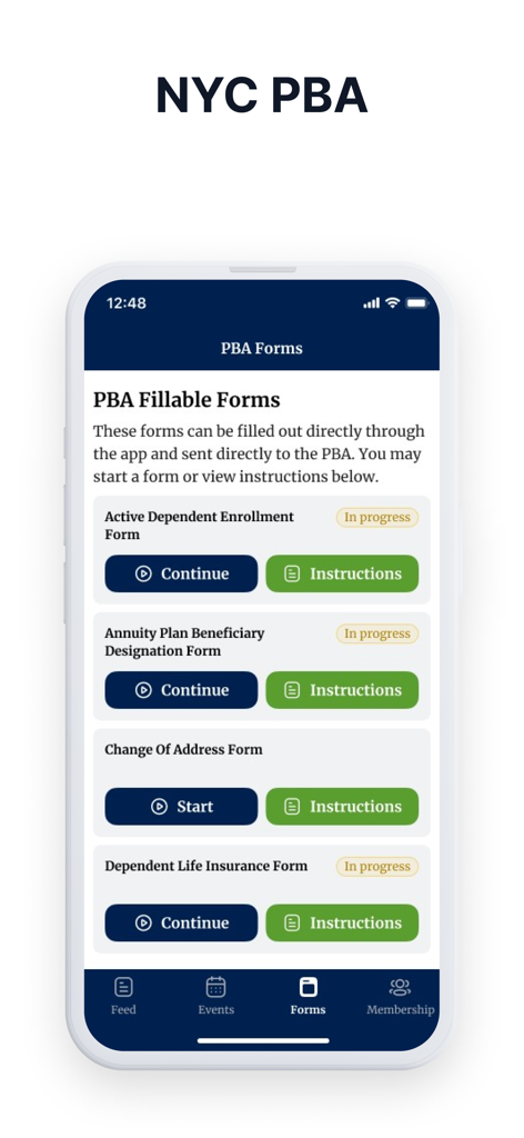 NYC PBA - Interface of the NYC PBA mobile app showing a list of fillable forms for police union members.