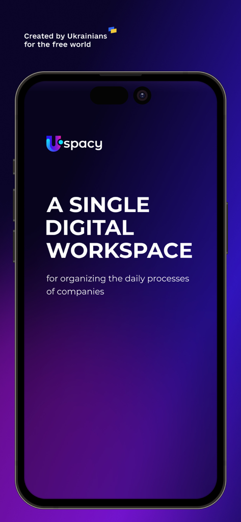 Uspacy mobile app startup screen with single digital workspace tagline