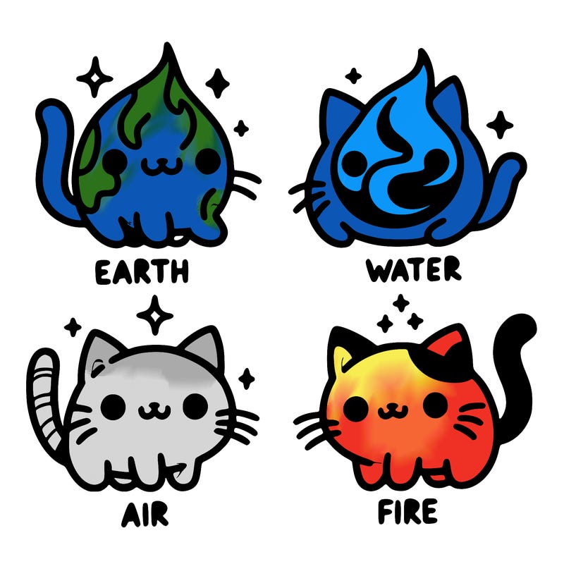 4 cats that represent the different elements, earth, water, air, and fire