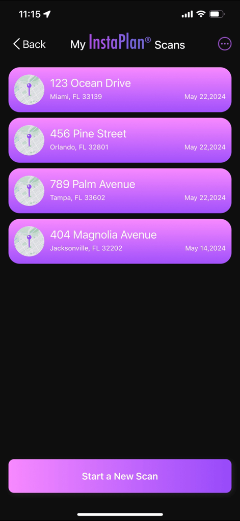 InstaPlan® - List of recent property scans in the InstaPlan app showing addresses and dates