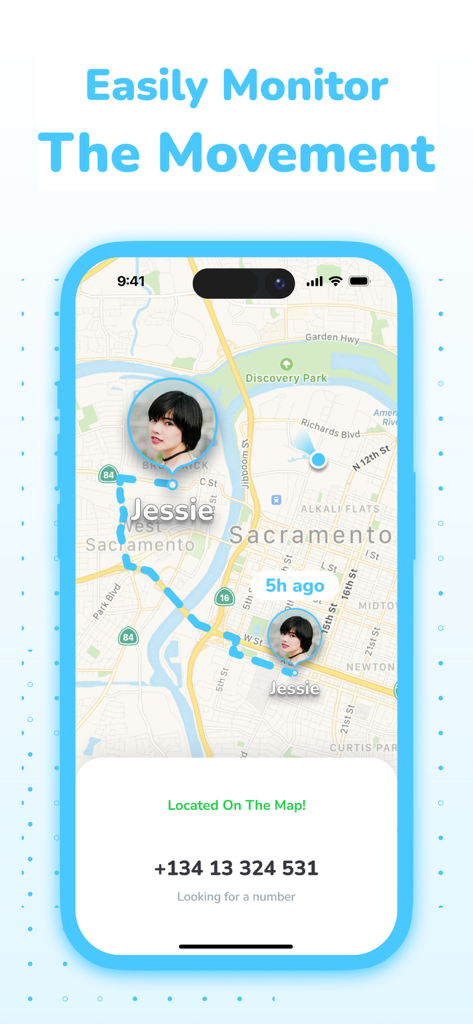 Number Locator: Cell Location - Un écran de smartphone affichant une carte de suivi de localisation en temps réel avec l'historique des déplacements d'une personne à Sacramento.
