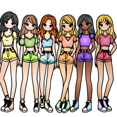 a group of girls wearing crop tops and shorts