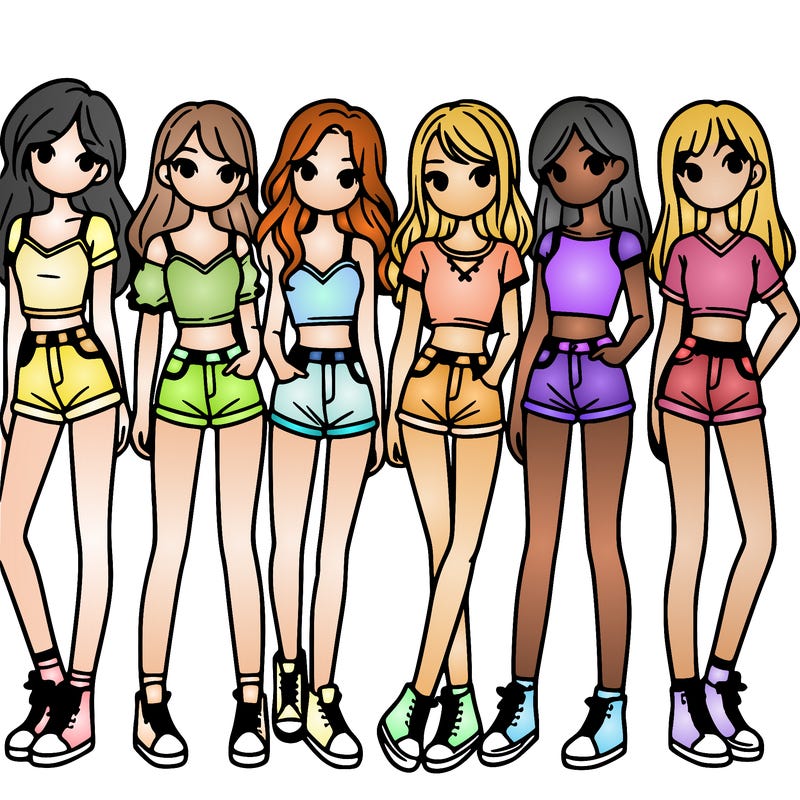 a group of girls wearing crop tops and shorts