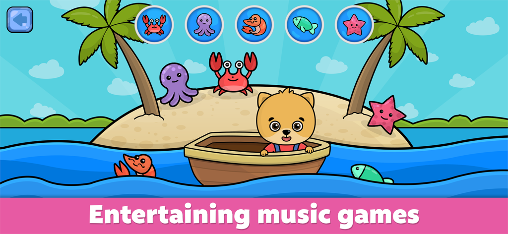 Baby piano for kids & toddlers - A cartoon bear in a boat on a tropical island within a music game for toddlers