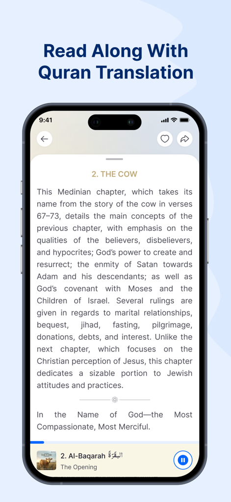 The Clear Quran Audiobook app interface showing the read along feature with English translation of Surah Al-Baqarah