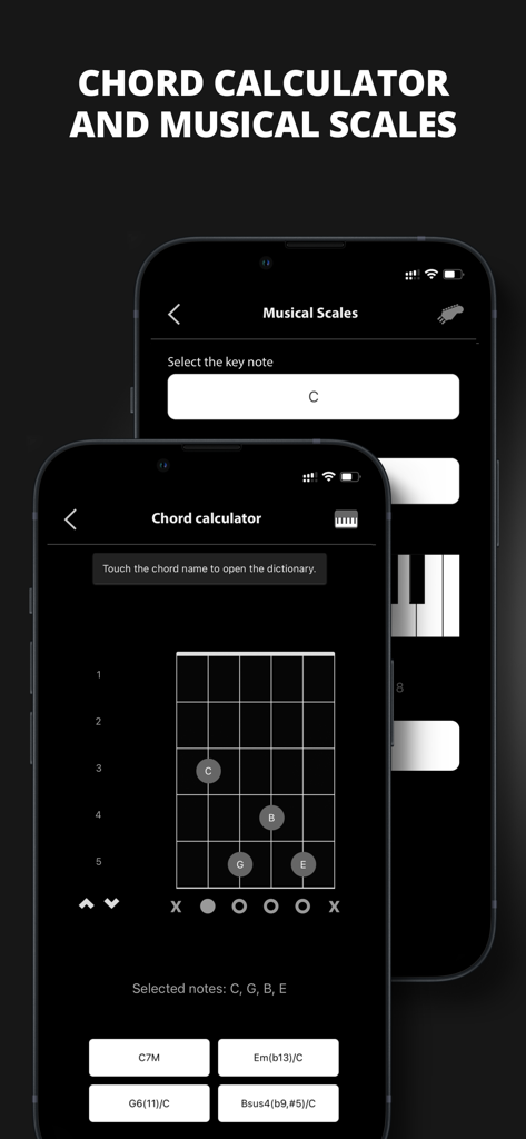 Musical Chord - Musical Chord app interface showing chord calculator and musical scales screens