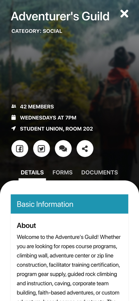 Modern Campus Involve - Modern Campus Involve app showing the organization profile page for the Adventurers Guild including meeting time and location