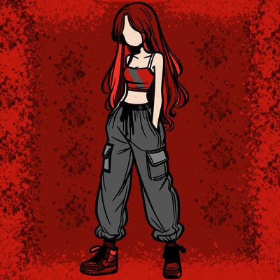 girl in baggy pants crop top and long hair