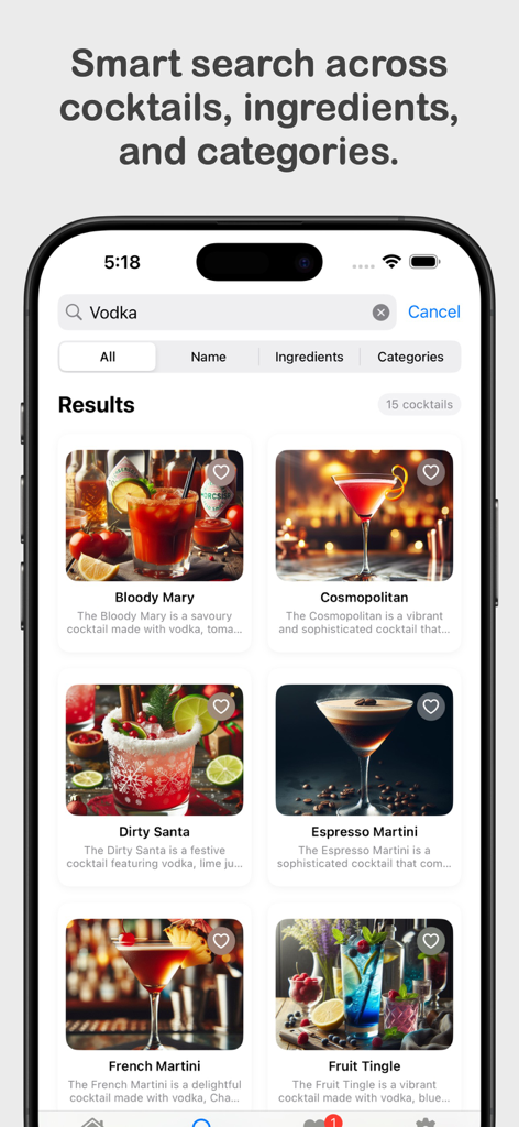 Cocktail Codex - Pantalla de búsqueda inteligente de la aplicación Cocktail Codex mostrando recetas de cócteles a base de vodka.