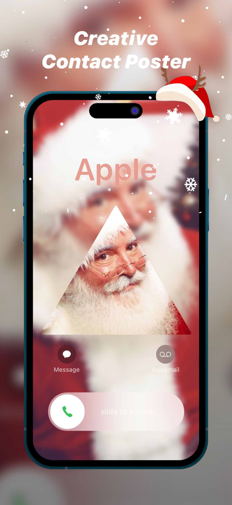 Live Wallpapers & Theme - NEXT - iPhone screen showing a creative contact poster with a Santa Claus image and a triangular crop.