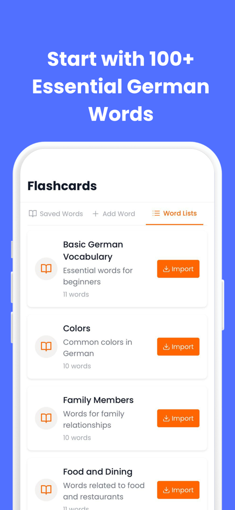 Learn German - Deutsch Mentor - German language learning app interface showing categorized word lists for flashcards including colors and family members.