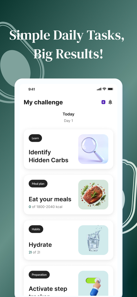 NoCarbsChallenge - Pantalla de la aplicación NoCarbsChallenge que muestra tareas diarias para una alimentación saludable e hidratación