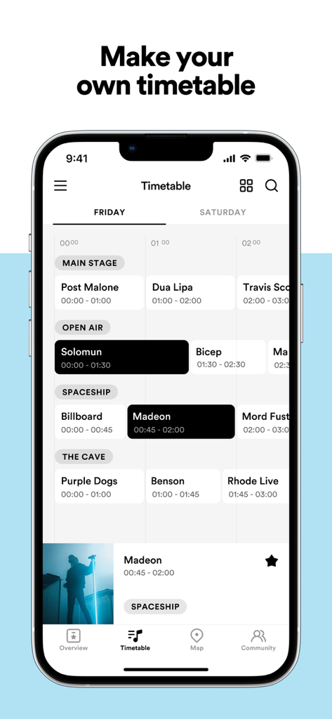Ein Smartphone-Bildschirm, der einen anpassbaren Festival-Zeitplan mit Künstlerauftrittszeiten und Bühnenorten in der Woov-App anzeigt