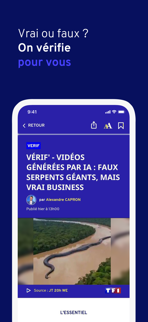 Écran mobile de l'application TF1 INFO présentant un article de vérification des faits sur les vidéos générées par l'IA.