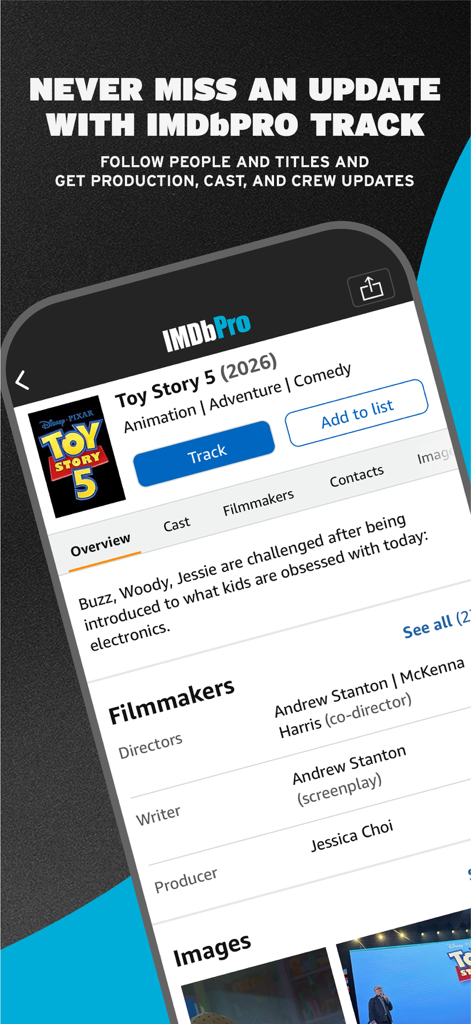 IMDbPro - IMDbPro app interface showing movie tracking for Toy Story 5 with production and crew updates.