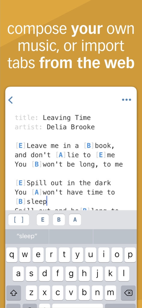 Interface of the TabBank app showing a user composing a song with lyrics and guitar chords