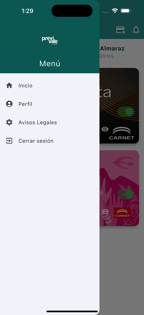 Previvale - 홈 및 프로필 옵션을 보여주는 Previvale 모바일 앱의 내비게이션 메뉴