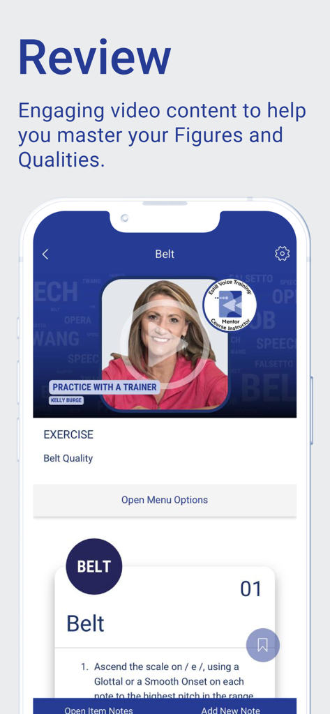 Estill Exercises - Estill Exercises mobile app screen showing a video lesson for Belt vocal quality with an expert trainer