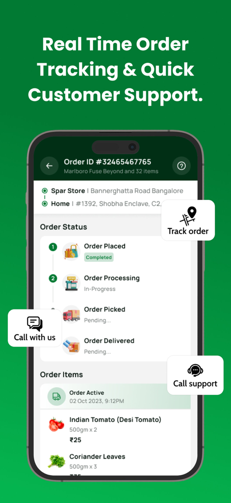 Interface for real time order tracking and customer support in the SPAR India app.