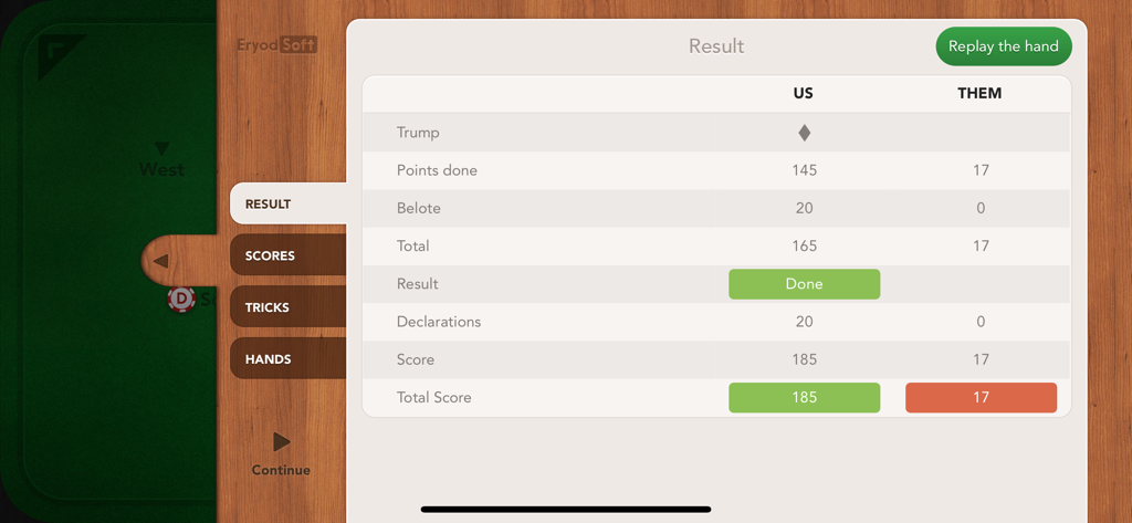 French Belote + - A detailed scoreboard showing points and results after a round of French Belote.