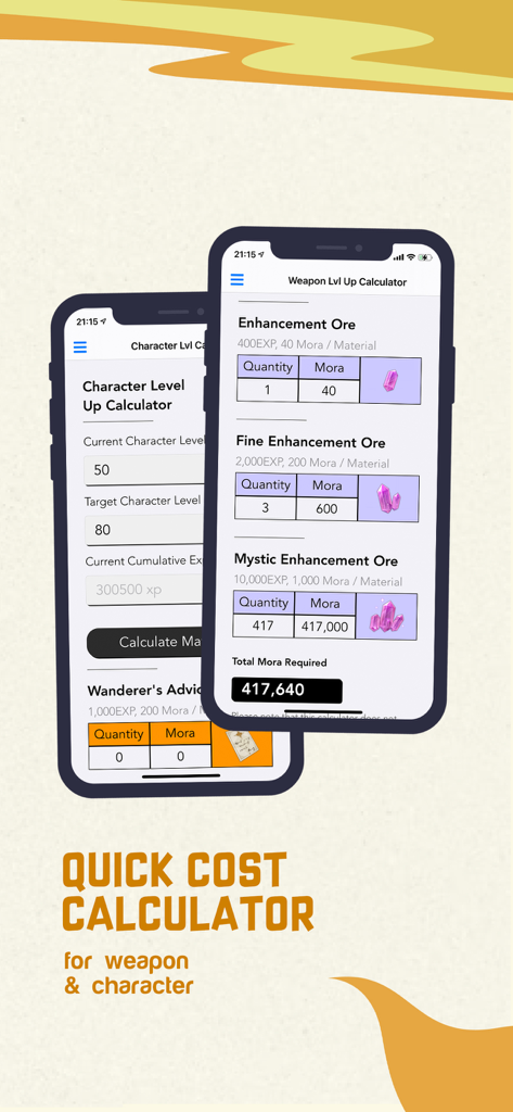 GI Pocket Helper - Screenshot of the GI Pocket Helper app displaying the level up calculator for weapons and characters