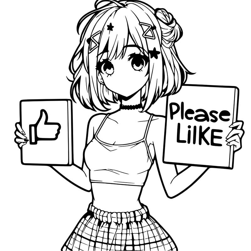 anime girl with crop top  holding a please like sign with a medium sized skirt