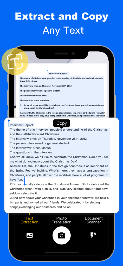 Mobilbildschirm, der die Textextraktion der Translator Go-App aus einem physischen Dokument mit einer überlagerten Kopierschaltfläche zeigt.