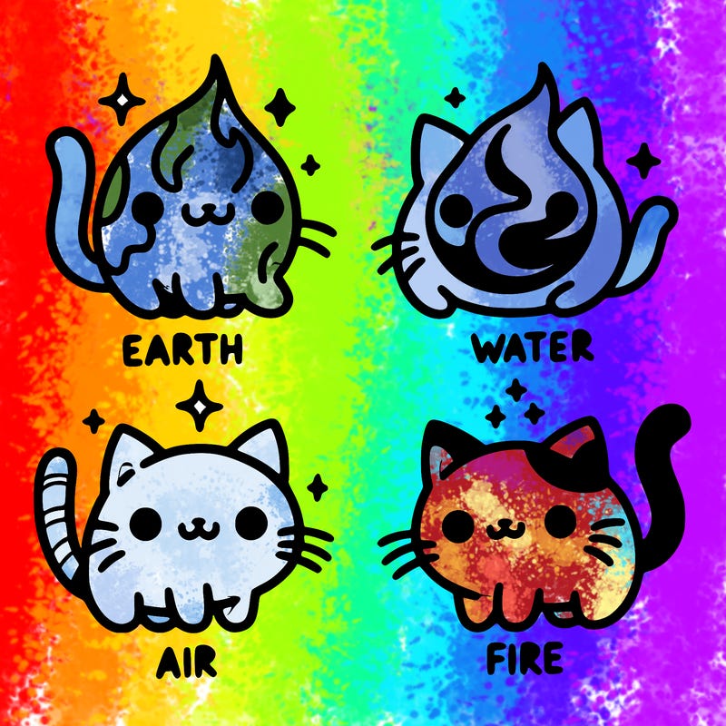 4 cats that represent the different elements, earth, water, air, and fire