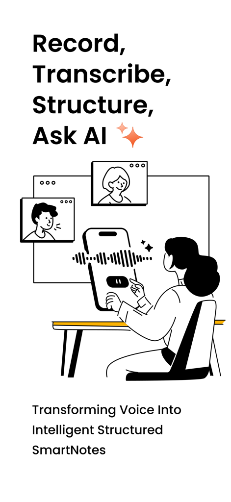 Une illustration montrant l'application VOMO transformant l'audio d'une réunion en notes structurées intelligentes.