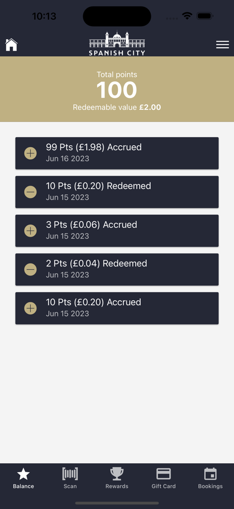Interface do aplicativo Spanish City mostrando saldo de pontos de fidelidade e histórico de transações