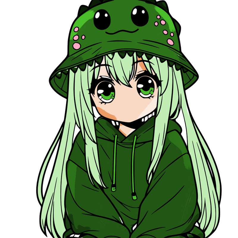 girl with anime shaped eyes with a dinosaur bucket hat oversized sweatshirt long straight hair