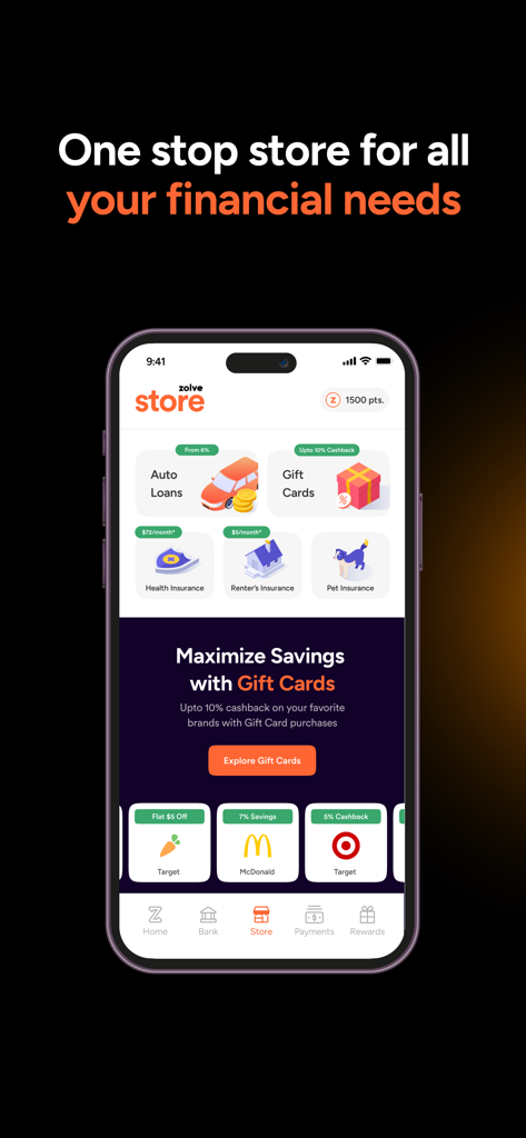 Zolve - Global Banking - Zolve app store interface showing insurance loans and gift card rewards