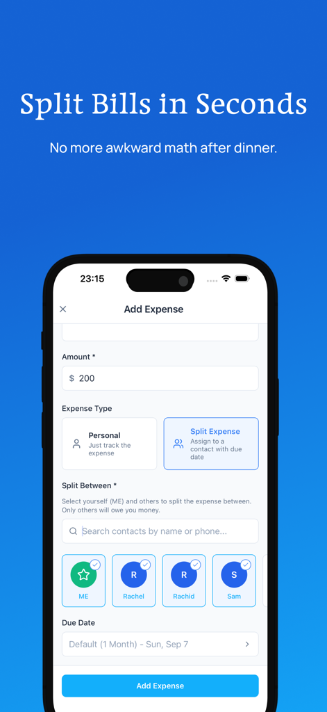 MyMoney: Budget & Expenses App - Smartphone screen showing the bill splitting feature in the MyMoney app with a list of contacts to share expenses with.