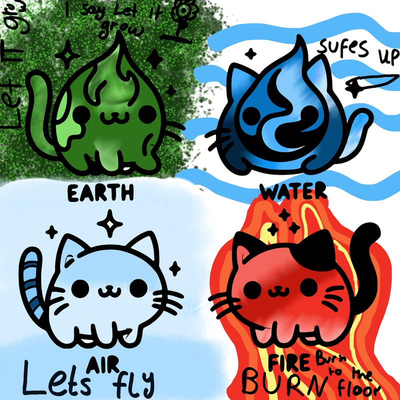 4 cats that represent the different elements, earth, water, air, and fire
