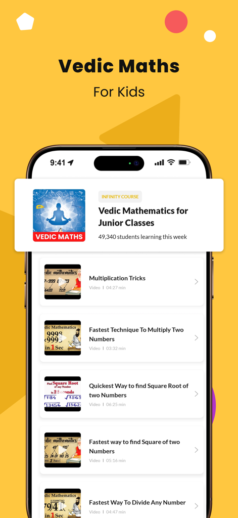 Class 5 CBSE All Subjects App - Screen showing Vedic Mathematics video tutorials for Class 5 students including multiplication and division tricks