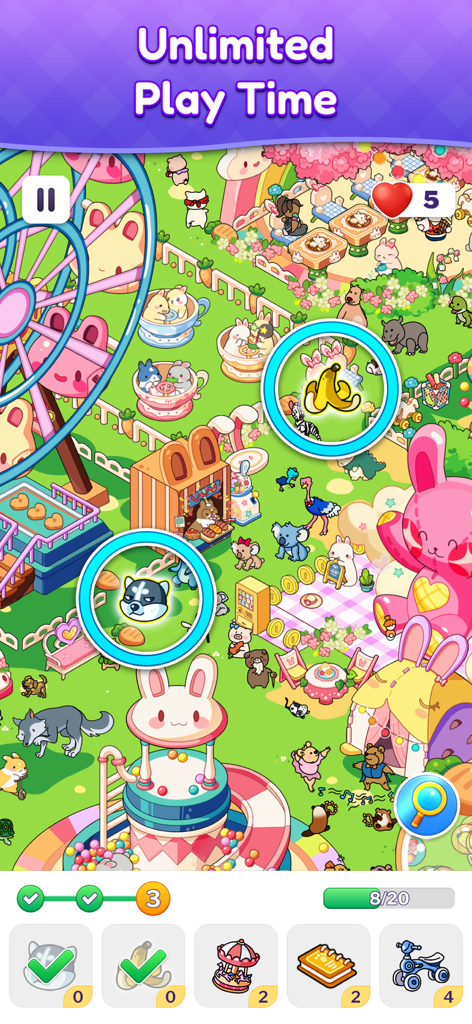 Uma cena colorida de parque de diversões do jogo Objetos Escondidos mostrando itens encontrados e um banner de Tempo de Jogo Ilimitado.