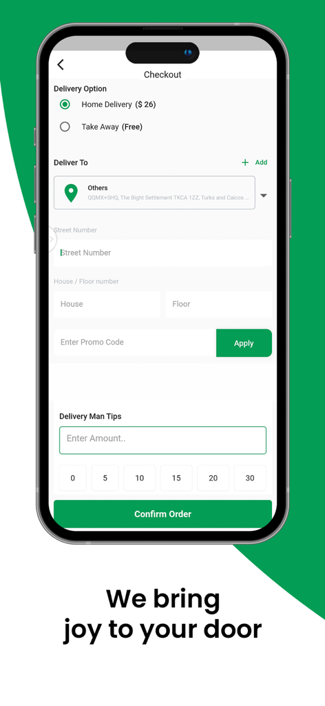 Order Up -Order Food & Grocery - The checkout screen of the Order Up app featuring delivery options and payment details.