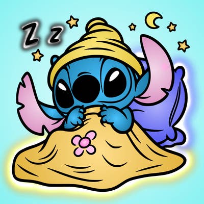 stitch going to sleep with a blanket