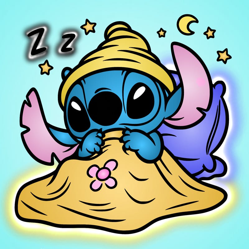stitch going to sleep with a blanket