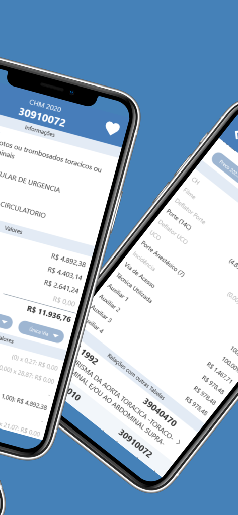 PMED - Preço Médico TUSS CBHPM - Interface do aplicativo PMED mostrando preços de procedimentos médicos brasileiros e detalhes de faturamento em dois iPhones