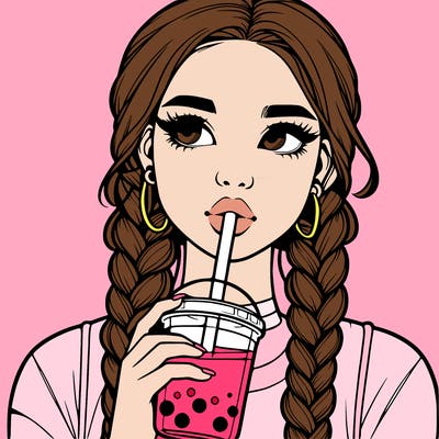 realistic girl with braided hair drinking boba