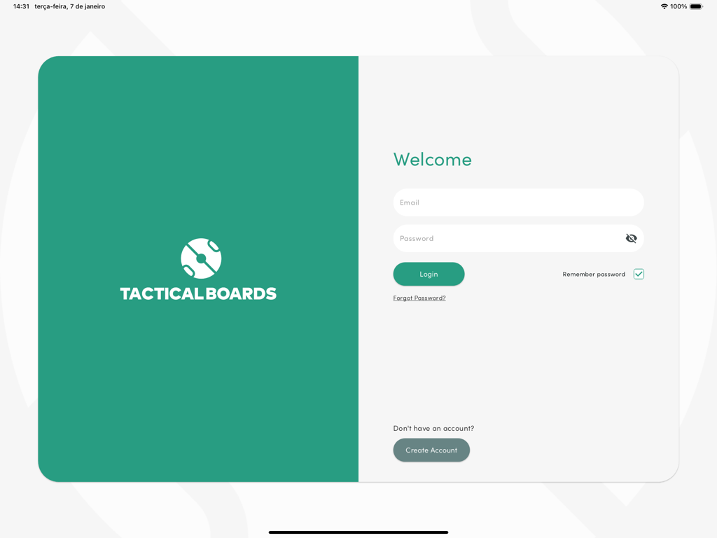 Tactical Boards - Écran de connexion de l'application Tactical Boards avec des champs de saisie d'e-mail et de mot de passe pour les entraîneurs sportifs