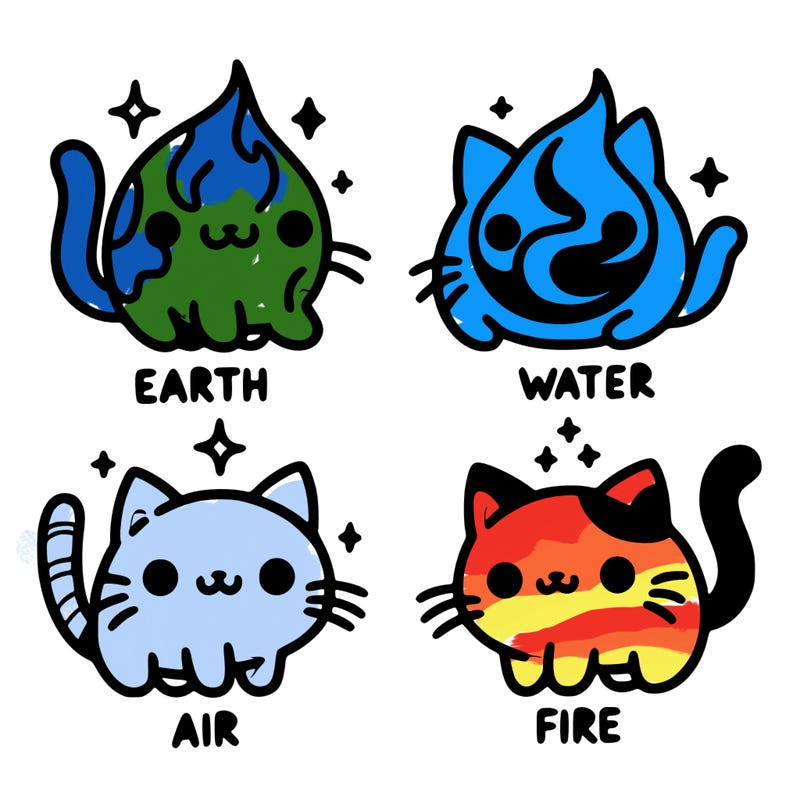 4 cats that represent the different elements, earth, water, air, and fire