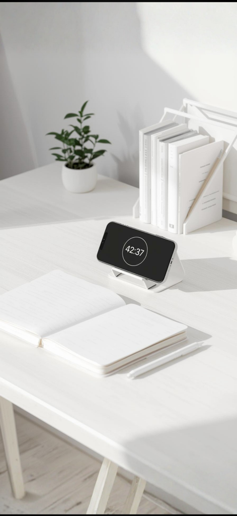 ミニマリストな白いデスクにランドスケープモードでSimple Pomodoro集中タイマーが表示されているスタンド上のiPhone